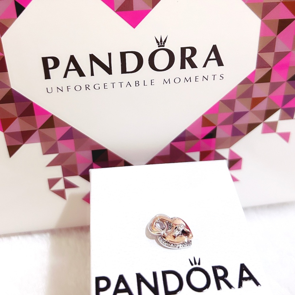 PANDORA Two-tone Twistable Heart Padlock Double Dangle Charm w/box - Picture 11 of 11